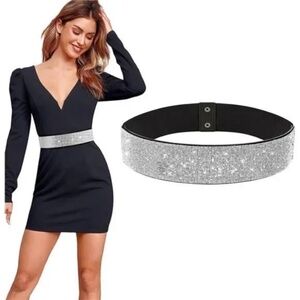 WOMEN Rhinestone Wide Elastic Dress Belt Silver Black